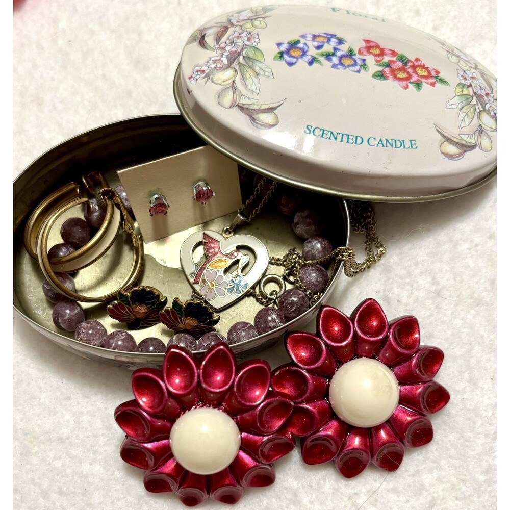 Vintage Floral Tin Jewelry Lot Mod Flower Clip Earrings Bird Pendant Bracelet